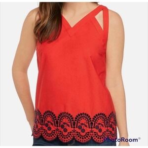 Crown Ivy Cherry Embroidered Scalloped Cut Out Cotton Sleeveless Top Womens XL